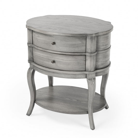 26" Gray Wood Oval End Table With Two Drawers And Shelf