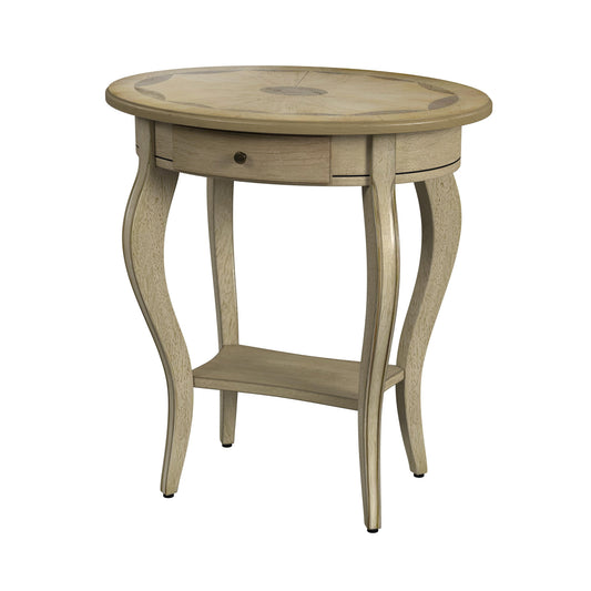 26" Beige Manufactured Wood Oval End Table With Drawer And Shelf
