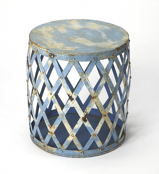 17" Rustic Blue Iron Lattice Round Top End Table