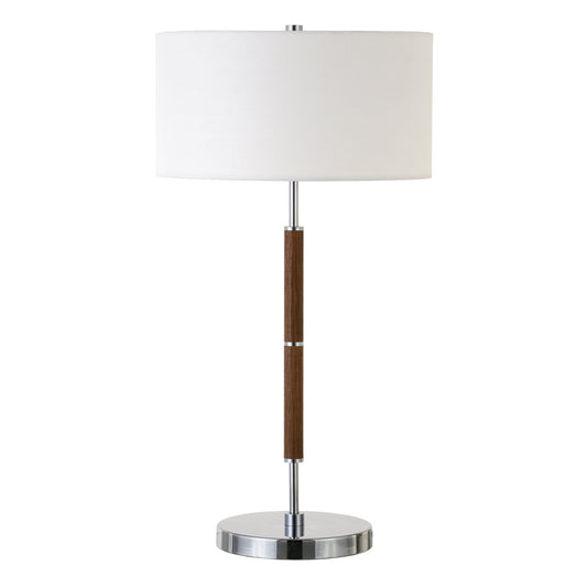 25" Silver and Oak Two Light Table Lamp With White Drum Shade