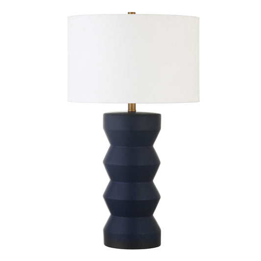 28" Navy Blue Ceramic Table Lamp With White Drum Shade