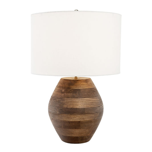 23" Brown Solid Wood LED Table Lamp With White Drum Shade