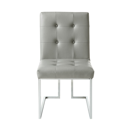 Set of Two Tufted Light Gray and Silver Metallic Upholstered Faux Leather Dining Side Chairs