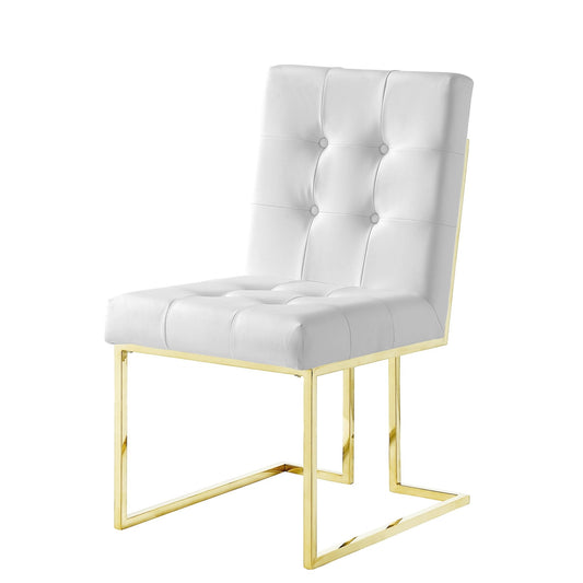 Set of Two Tufted White and Gold Upholstered Faux Leather Dining Side Chairs