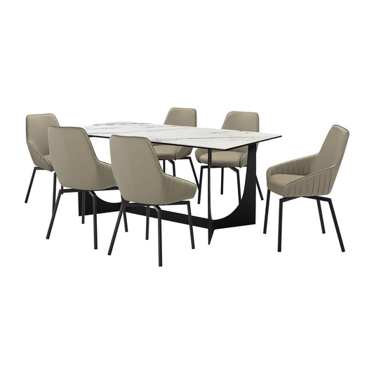 Seven Piece Gray and Black Composite Stone Dining Set with Six Chairs